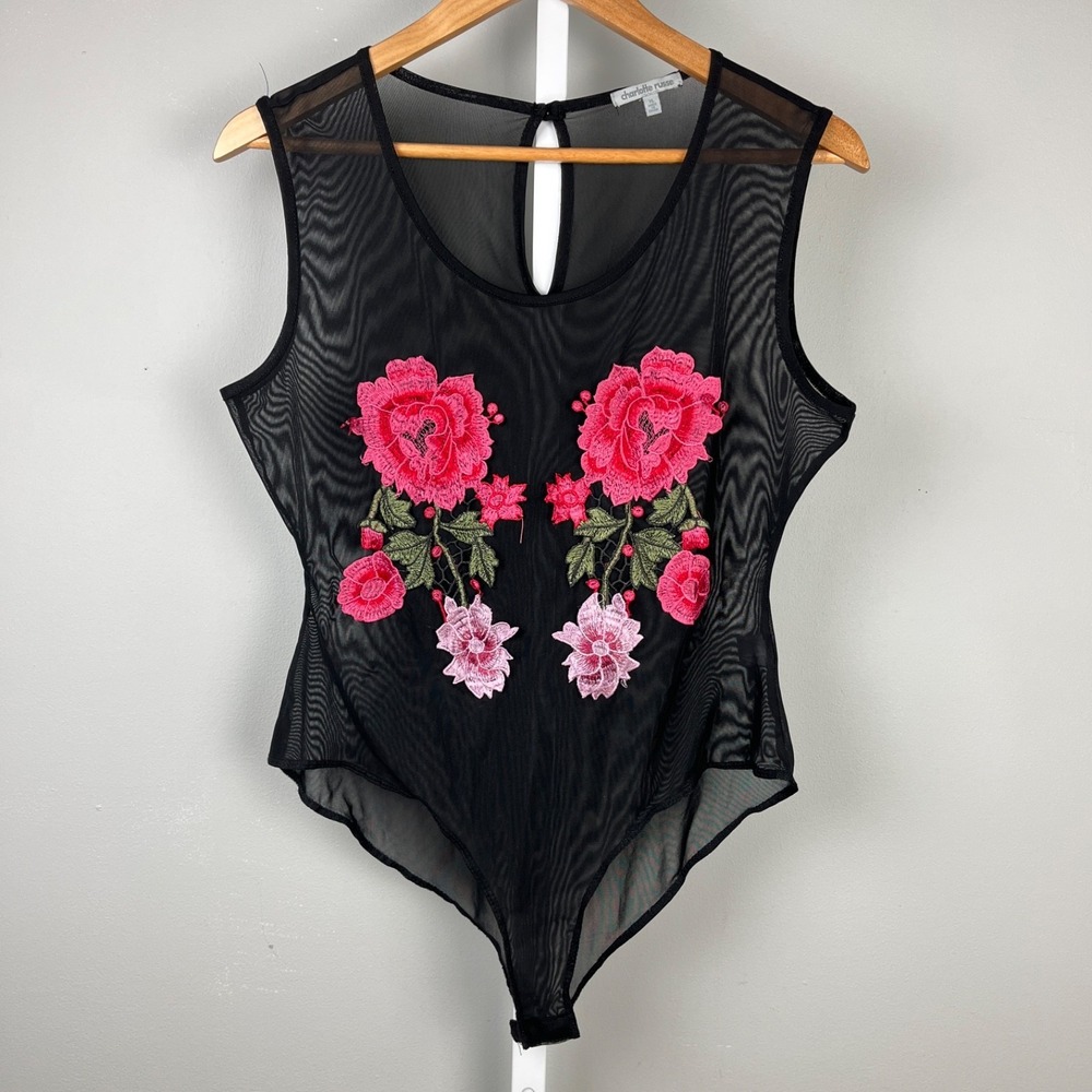 Charlotte Russe Mesh Bodysuit Women XL Black Pink Embroidered Flowers Floral Y2K